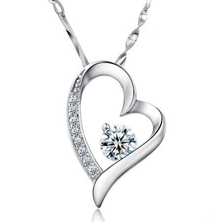 Sterling Silver Love Heart Necklaces with Diamond for Women